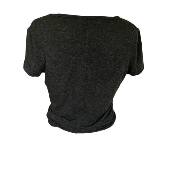 Women's black heather crewneck short sleeve stretchy soft tie front crop top - Picture 4 of 5